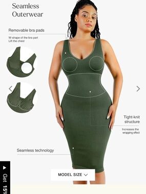 Olive Green Seamless Midi Shapewear Dress with Removable Pads